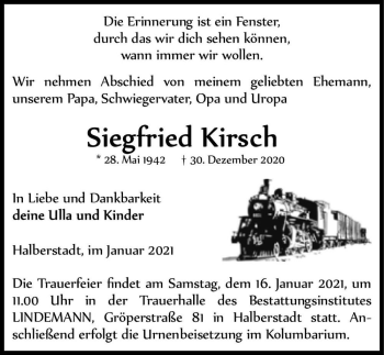 Traueranzeige von Siegfried Kirsch  von Magdeburger Volksstimme