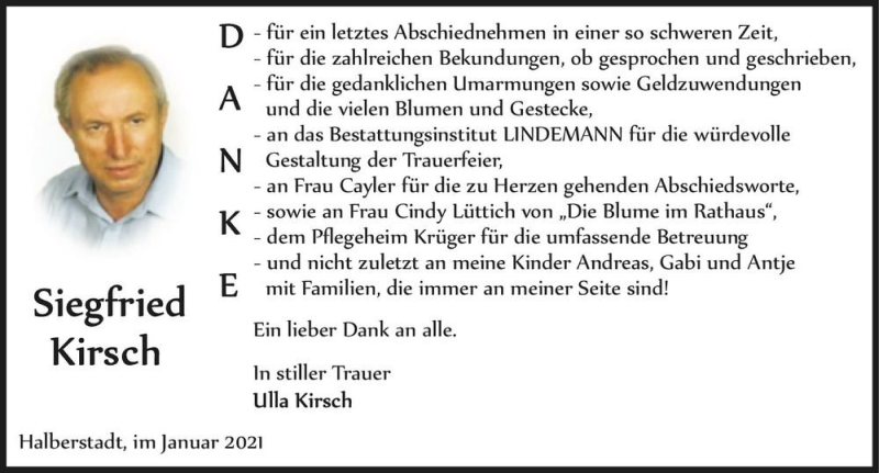  Traueranzeige für Siegfried Kirsch  vom 23.01.2021 aus Magdeburger Volksstimme