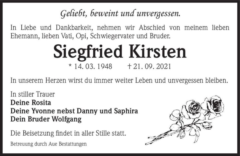  Traueranzeige für Siegfried Kirsten  vom 02.10.2021 aus Magdeburger Volksstimme