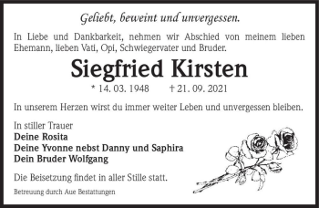 Traueranzeige von Siegfried Kirsten  von Magdeburger Volksstimme