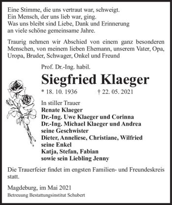 Traueranzeige von Siegfried Klaeger  von Magdeburger Volksstimme