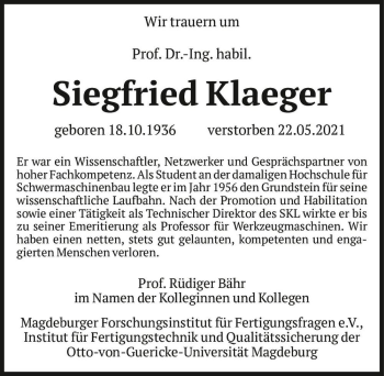 Traueranzeige von Siegfried Klaeger  von Magdeburger Volksstimme