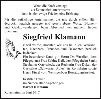 Traueranzeige von Siegfried Klamann  von Magdeburger Volksstimme