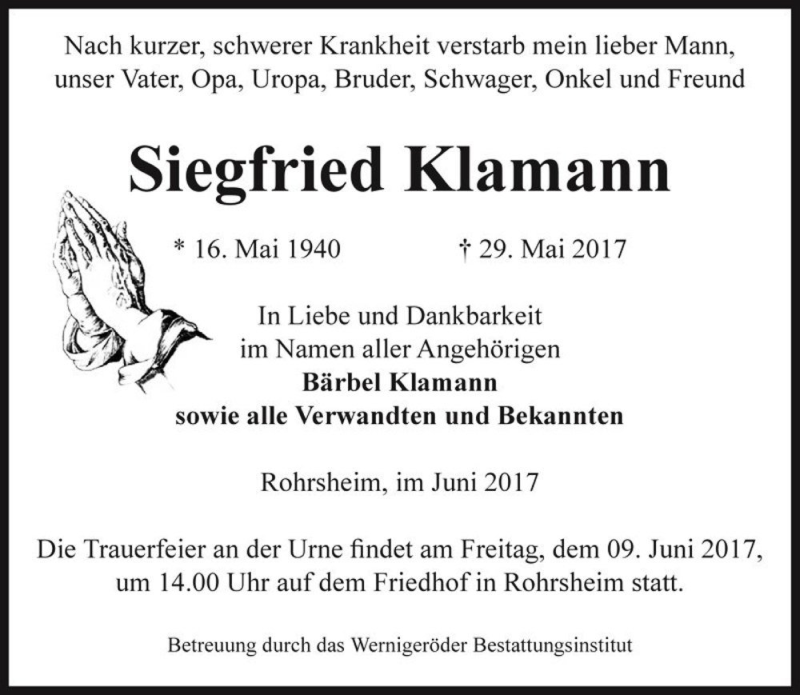  Traueranzeige für Siegfried Klamann  vom 02.06.2017 aus Magdeburger Volksstimme