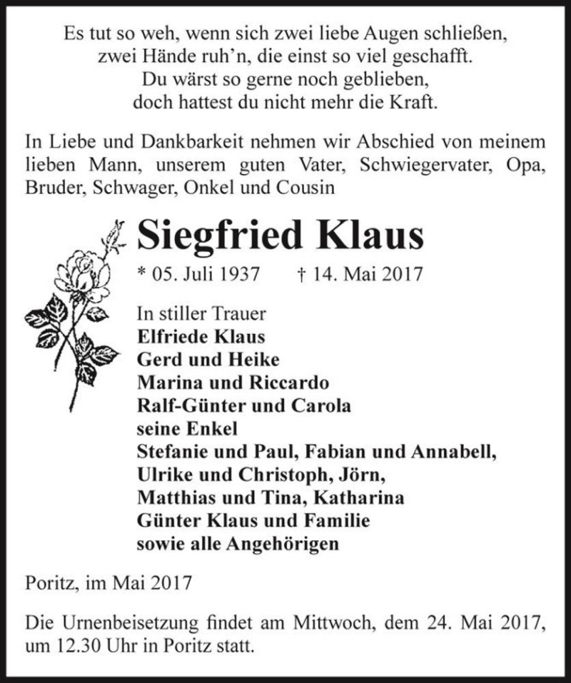  Traueranzeige für Siegfried Klaus  vom 19.05.2017 aus Magdeburger Volksstimme