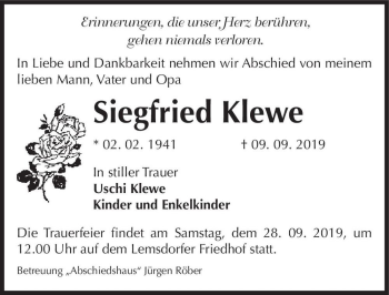 Traueranzeige von Siegfried Klewe  von Magdeburger Volksstimme