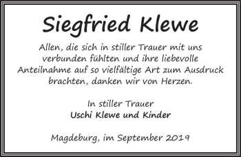 Traueranzeige von Siegfried Klewe  von Magdeburger Volksstimme