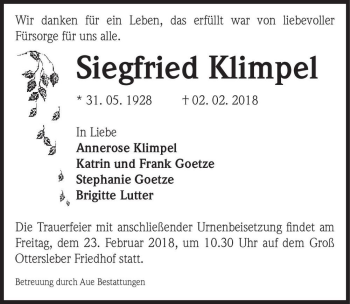 Traueranzeige von Siegfried Klimpel  von Magdeburger Volksstimme