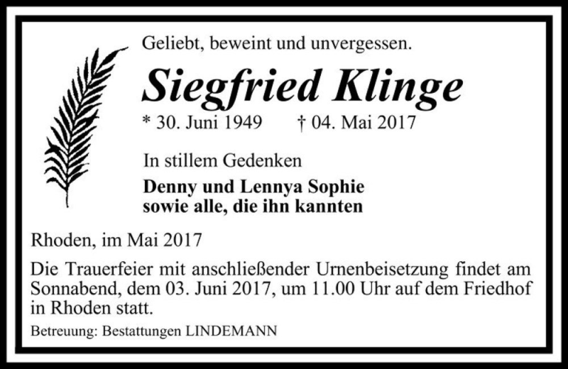  Traueranzeige für Siegfried Klinge  vom 20.05.2017 aus Magdeburger Volksstimme