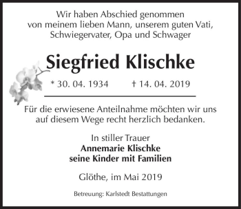 Traueranzeige von Siegfried Klischke  von Magdeburger Volksstimme