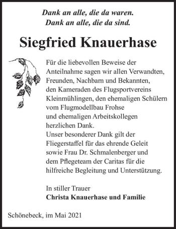 Traueranzeige von Siegfried Knauerhase  von Magdeburger Volksstimme