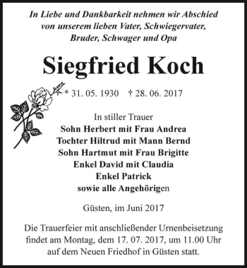 Traueranzeige von Siegfried Koch  von Magdeburger Volksstimme