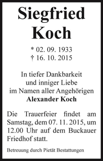 Traueranzeige von Siegfried Koch  von Magdeburger Volksstimme