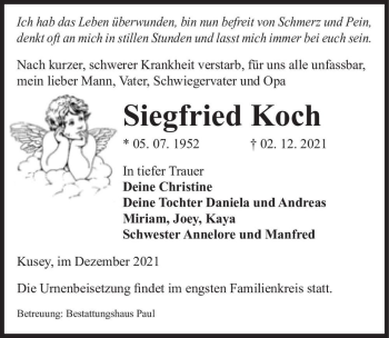 Traueranzeige von Siegfried Koch  von Magdeburger Volksstimme