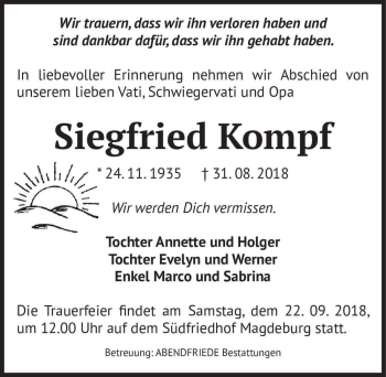 Traueranzeige von Siegfried Kompf  von Magdeburger Volksstimme