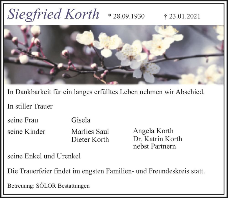  Traueranzeige für Siegfried Korth  vom 06.02.2021 aus Magdeburger Volksstimme