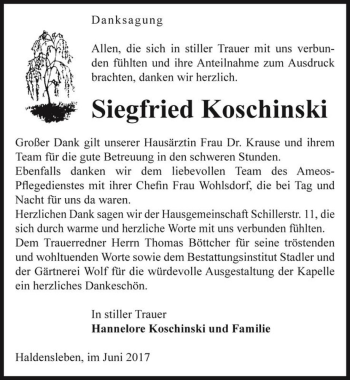 Traueranzeige von Siegfried Koschinski  von Magdeburger Volksstimme