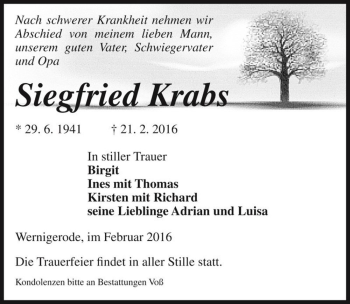 Traueranzeige von Siegfried Krabs  von Magdeburger Volksstimme