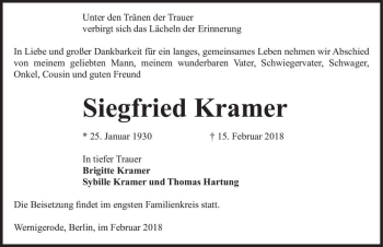 Traueranzeige von Siegfried Kramer  von Magdeburger Volksstimme