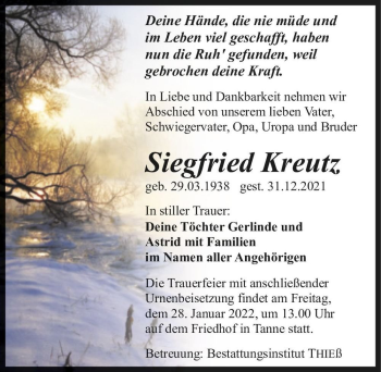 Traueranzeige von Siegfried Kreutz  von Magdeburger Volksstimme