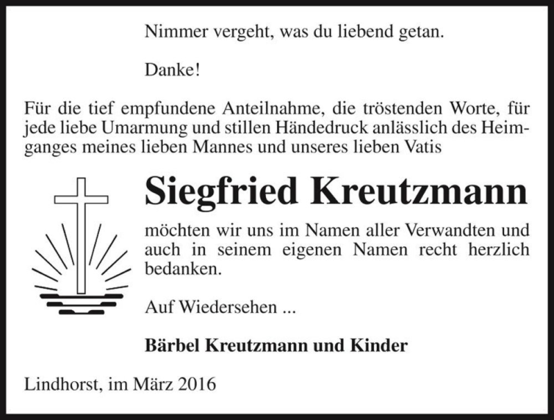  Traueranzeige für Siegfried Kreutzmann  vom 23.03.2016 aus Magdeburger Volksstimme