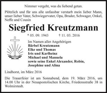 Traueranzeige von Siegfried Kreutzmann  von Magdeburger Volksstimme