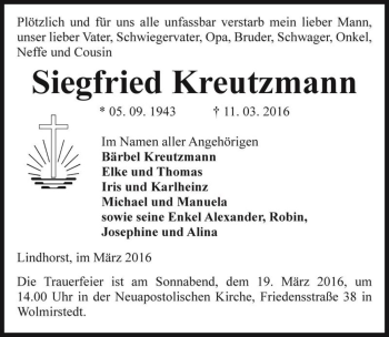 Traueranzeige von Siegfried Kreutzmann  von Magdeburger Volksstimme