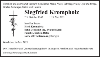 Traueranzeige von Siegfried Krompholz  von Magdeburger Volksstimme