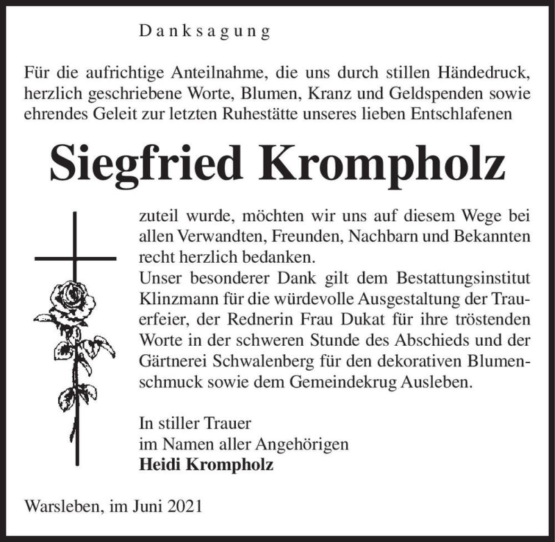  Traueranzeige für Siegfried Krompholz  vom 19.06.2021 aus Magdeburger Volksstimme