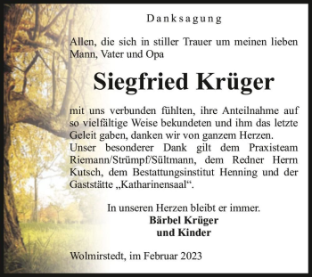 Traueranzeige von Siegfried Krüger  von Magdeburger Volksstimme