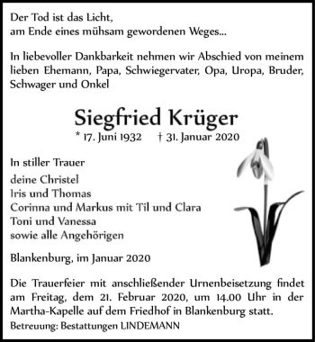 Traueranzeige von Siegfried Krüger  von Magdeburger Volksstimme