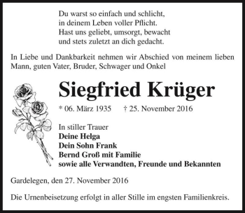 Traueranzeige von Siegfried Krüger  von Magdeburger Volksstimme
