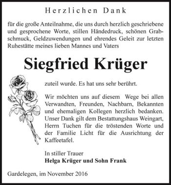 Traueranzeige von Siegfried Krüger  von Magdeburger Volksstimme