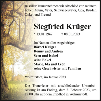 Traueranzeige von Siegfried Krüger  von Magdeburger Volksstimme