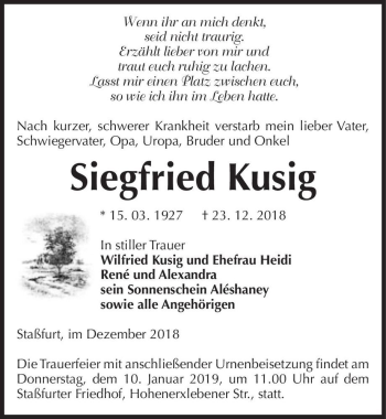 Traueranzeige von Siegfried Kusig  von Magdeburger Volksstimme