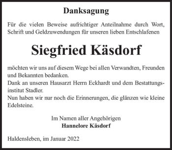 Traueranzeige von Siegfried Käsdorf  von Magdeburger Volksstimme