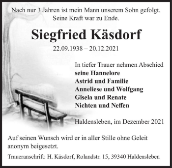 Traueranzeige von Siegfried Käsdorf  von Magdeburger Volksstimme
