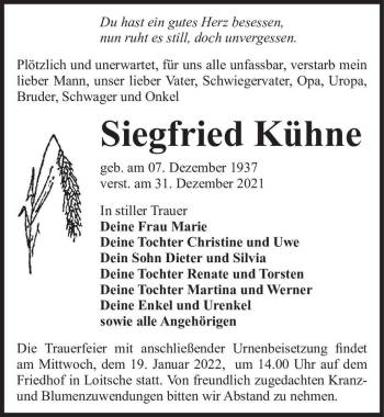 Traueranzeige von Siegfried Kühne  von Magdeburger Volksstimme