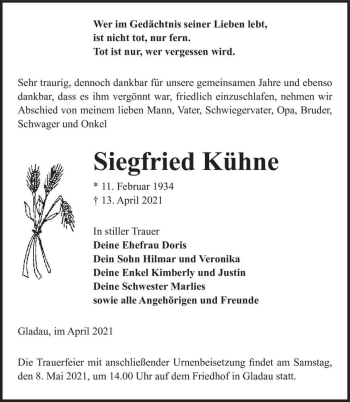 Traueranzeige von Siegfried Kühne  von Magdeburger Volksstimme