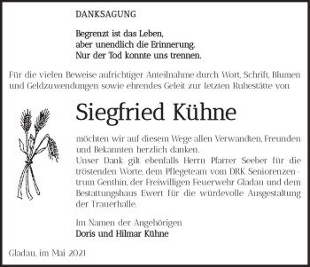 Traueranzeige von Siegfried Kühne  von Magdeburger Volksstimme