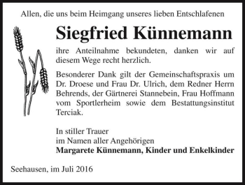 Traueranzeige von Siegfried Künnemann  von Magdeburger Volksstimme