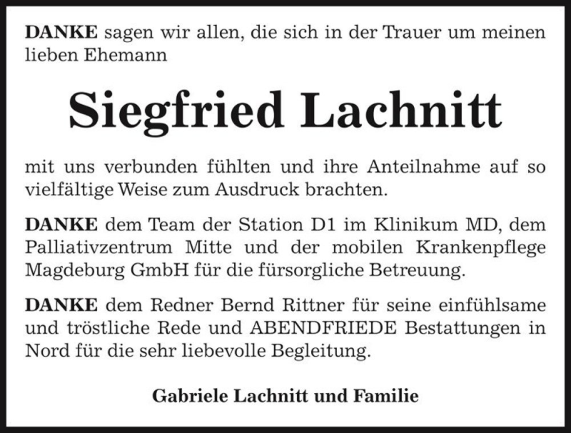  Traueranzeige für Siegfried Lachnitt  vom 13.02.2016 aus Magdeburger Volksstimme