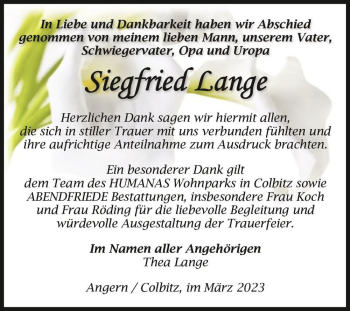 Traueranzeige von Siegfried Lange  von Magdeburger Volksstimme