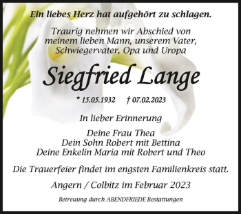 Traueranzeige von Siegfried Lange  von Magdeburger Volksstimme