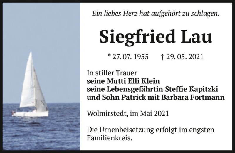  Traueranzeige für Siegfried Lau  vom 05.06.2021 aus Magdeburger Volksstimme