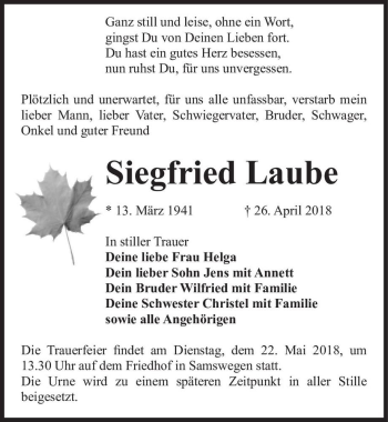 Traueranzeige von Siegfried Laube  von Magdeburger Volksstimme