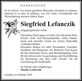Traueranzeige von Siegfried Lefanczik  von Magdeburger Volksstimme
