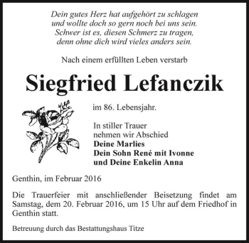 Traueranzeige von Siegfried Lefanczik  von Magdeburger Volksstimme