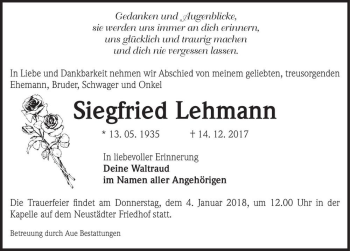 Traueranzeige von Siegfried Lehmann  von Magdeburger Volksstimme