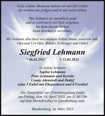 Traueranzeige von Siegfried Lehmann  von Magdeburger Volksstimme